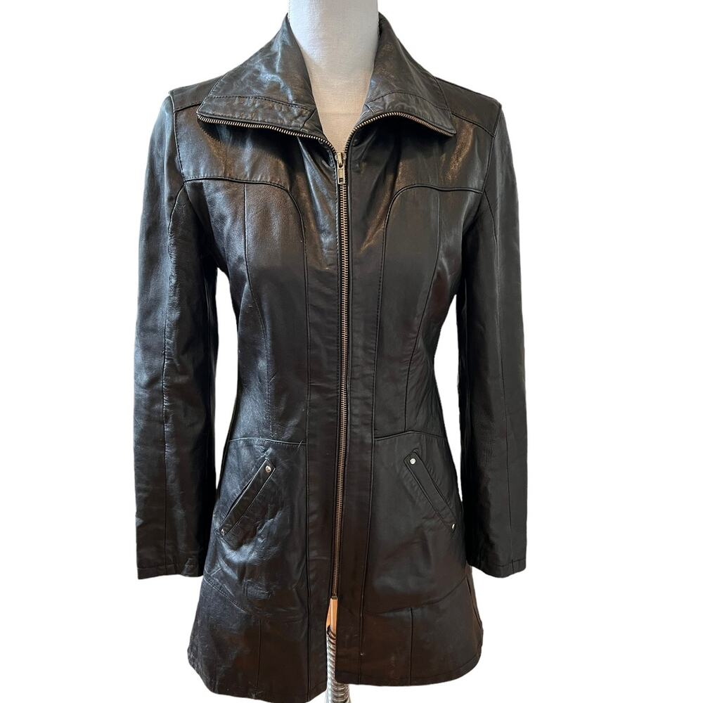 Vintage Vera Pelle Mid Length Black Leather Coat